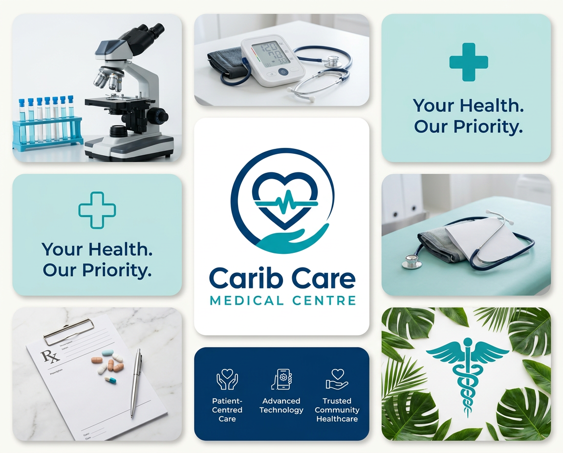 Carib Care Medical Centre — collage featuring the logo, doctors, family care, laboratory, and prescription services
